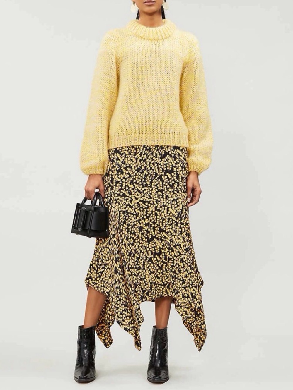 Ganni Black and Yellow Floral Asymmetrical Midi Skirt - Picture 2 of 6